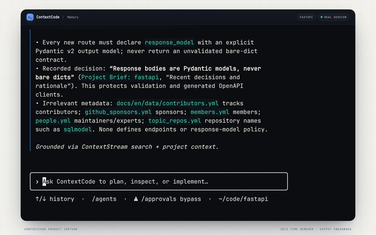 ContextCode answers a FastAPI response-model convention question in three concise bullets and cites the recorded project decision.