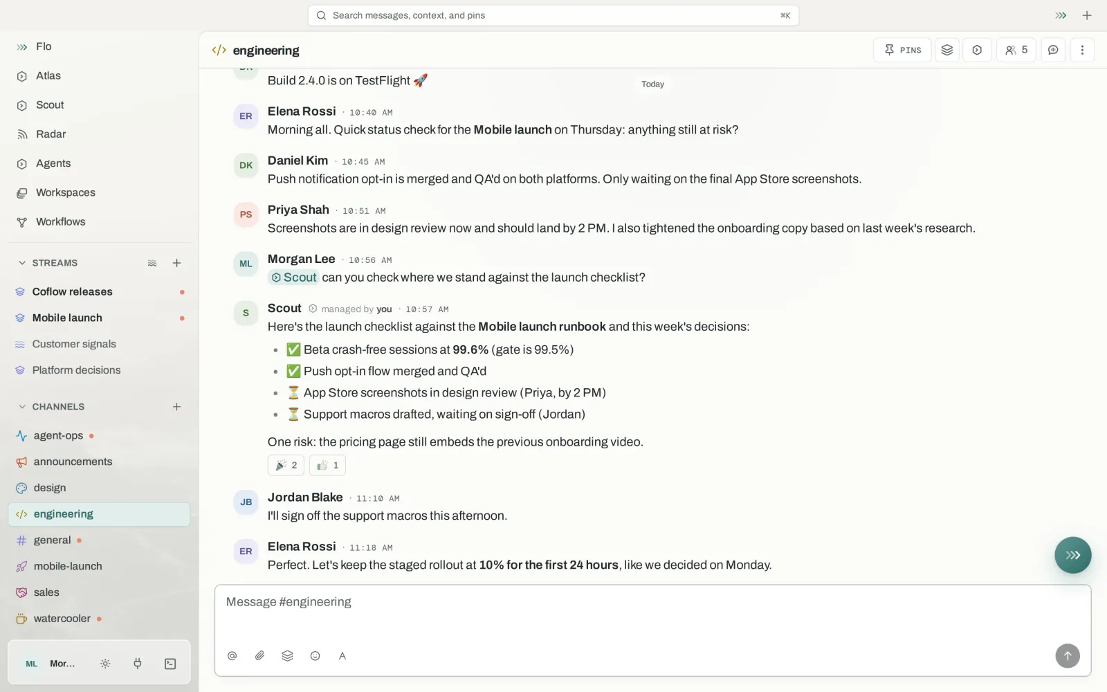 Coflow: a team channel where people and an agent work together; the agent checks the launch checklist against the runbook and this week's decisions.