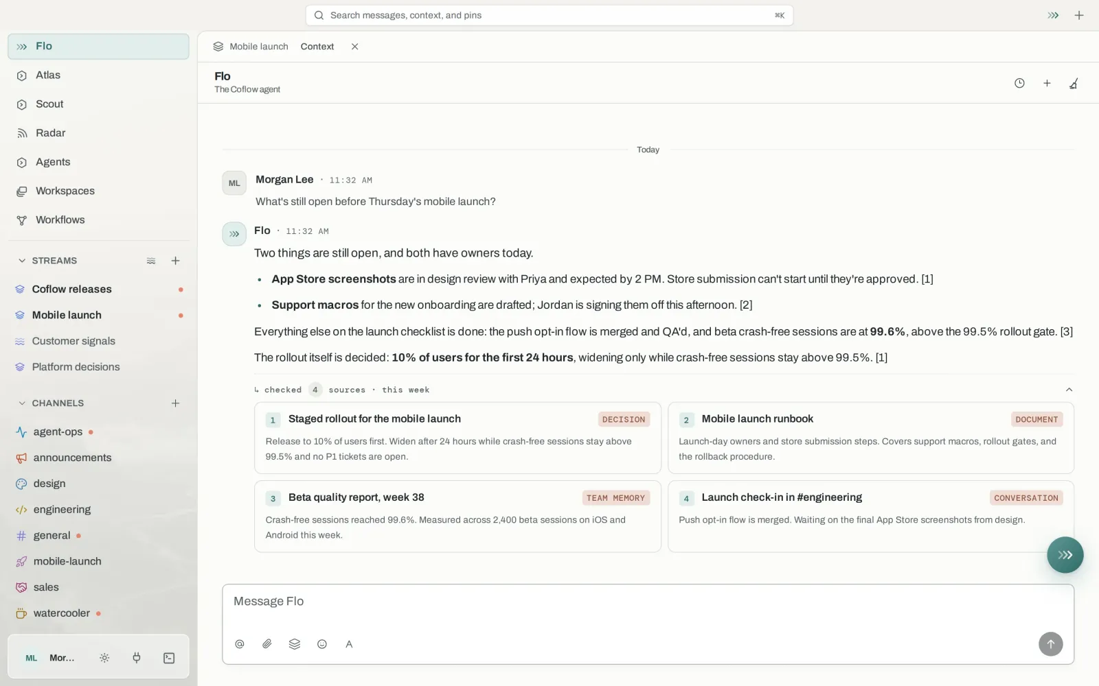 Coflow: Flo answers what is still open before a launch, citing a decision, a runbook, team memory and a channel conversation.