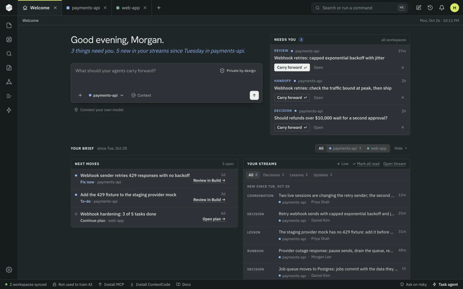 The ContextStream workspace for a demo team: reviews and handoffs waiting, next moves, and decisions, lessons and runbooks recorded by different teammates.